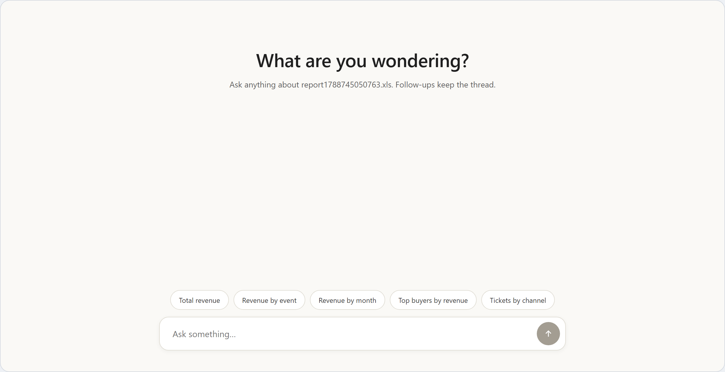 Start screen with a single question box and suggested starter questions