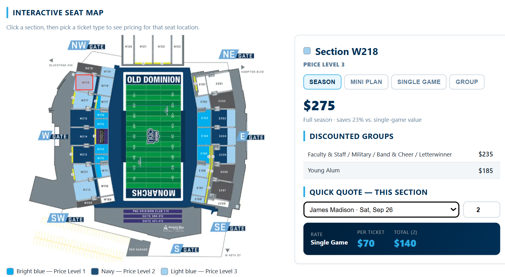 Interactive stadium seat map with one section selected and its season, discounted and single game prices