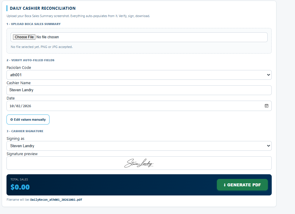 Daily cashier reconciliation form with summary upload, auto-filled fields, signature and PDF button