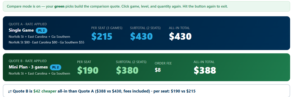 Two quotes compared side by side, single games versus a three-game mini plan, with the all-in savings shown