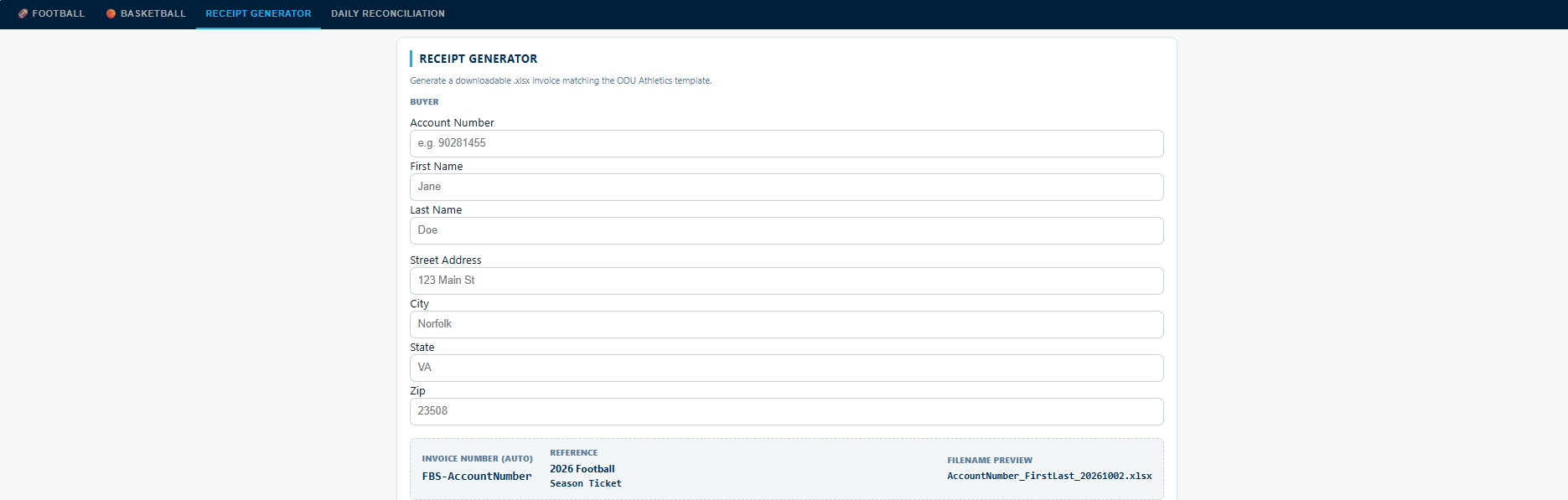 Receipt generator form with buyer fields and an auto-generated invoice number and filename